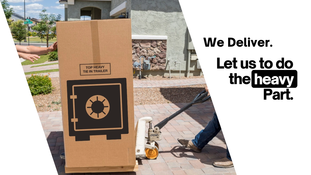 We deliver and move safes — team transporting a boxed safe on pallet jack